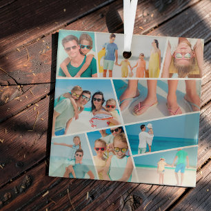 Modern Simple Fun Custom 9 Images Collage Photos Glass Ornament