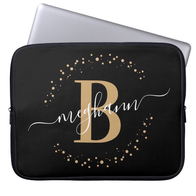 Modern Simple Girly Black Gold Monogram Script Laptop Sleeve (Front)