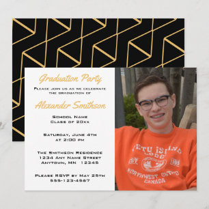 Modern Simple Gold Black & White Graduation Photo Invitation