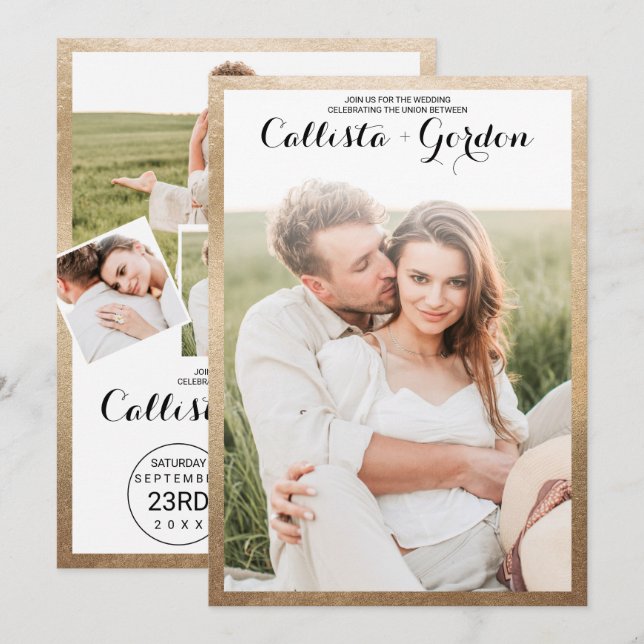 Modern Simple Gold Border Photo Collage Wedding Invitation (Front/Back)