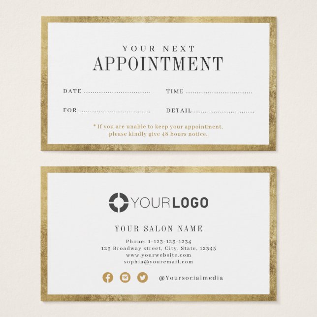 Modern simple gold border salon appointment card (Front & Back)