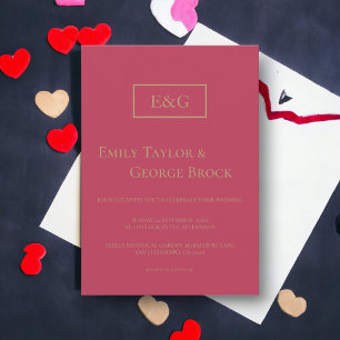 Modern Simple Gold Script Magenta Monogram Wedding Invitation