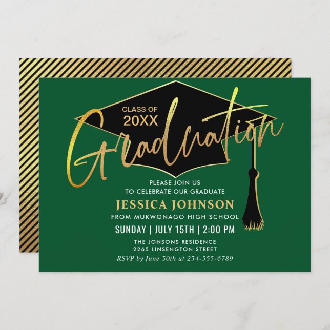 Modern Simple Golden Green Graduation Party Invitation (Front/Back)