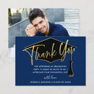 Modern Simple  Golden Navy Blue Graduation PHOTO Thank You Card
