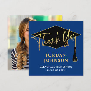 Modern Simple Golden Navy Blue PHOTO Graduation  Thank You Card