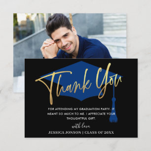 Modern Simple Golden Navy Graduation PHOTO Thank You Card