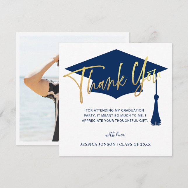 Modern Simple Golden Navy Graduation PHOTO Thank You Card (Front/Back)