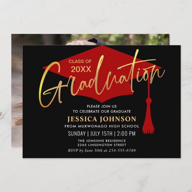Modern Simple Golden Red Graduation Party Invitation (Front/Back)