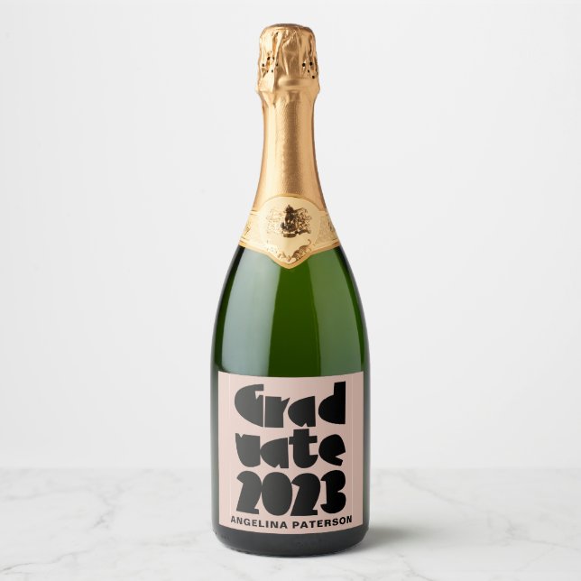 Modern Simple Graduate 2023 Black & Pink Sparkling Wine Label (Front)
