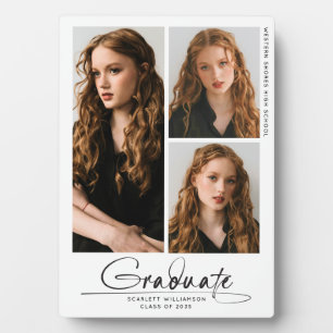 Modern Simple Graduate 3 Photo Collage Script Plaque