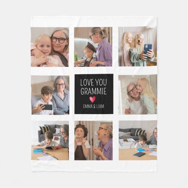 Modern Simple Grandma Heart 8 Photo Collage Custom Fleece Blanket (Front)