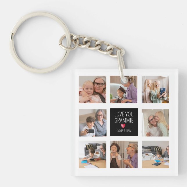 Modern Simple Grandma Heart 8 Photo Collage Custom Keychain (Front)