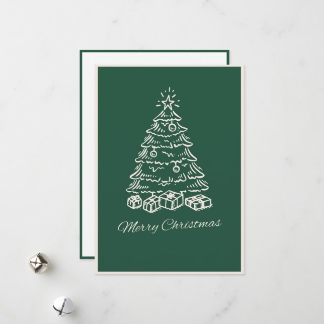 Modern Simple Green Hand Drawn Christmas Tree Holiday Card (Front/Back In Situ)