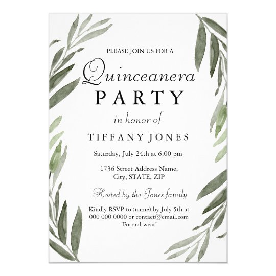 Modern Simple Green Leaf Quinceanera Party Invite
