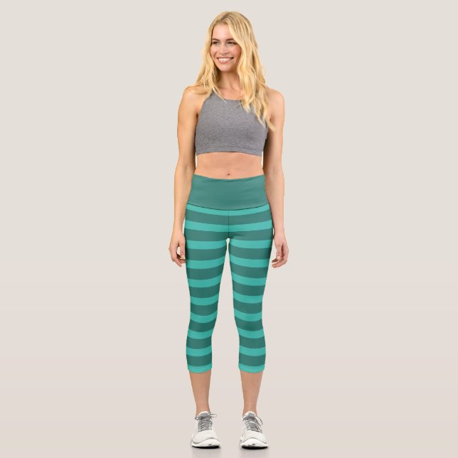 Modern Simple Green Two Tone Stripe line Geometric Capri Leggings (Front)