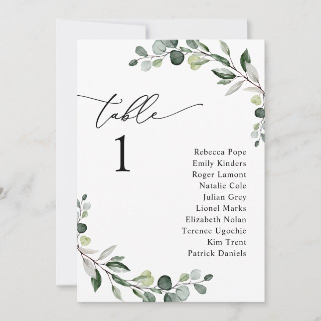 Modern Simple Greenery Wedding Seating Chart Cards (Front)