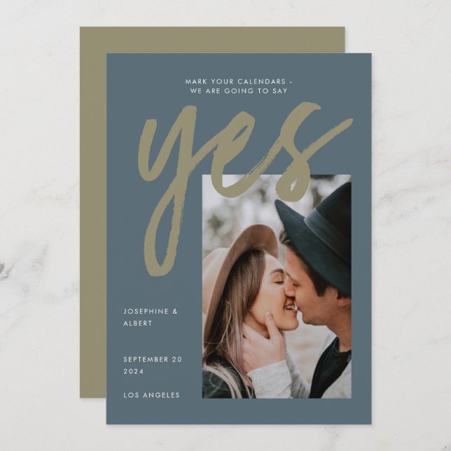 Modern Simple Grey Olive Big Script Photo Wedding Save The Date (Front/Back)
