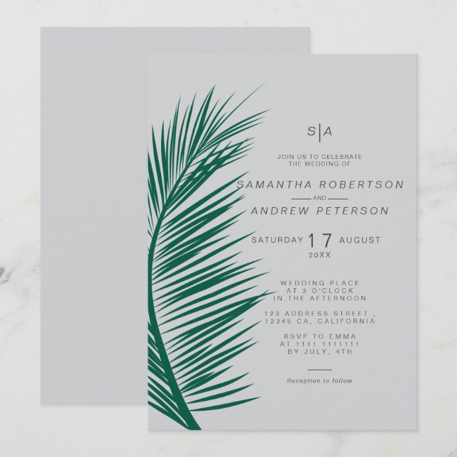 Modern simple grey palm leaf soft chic wedding invitation (Front/Back)