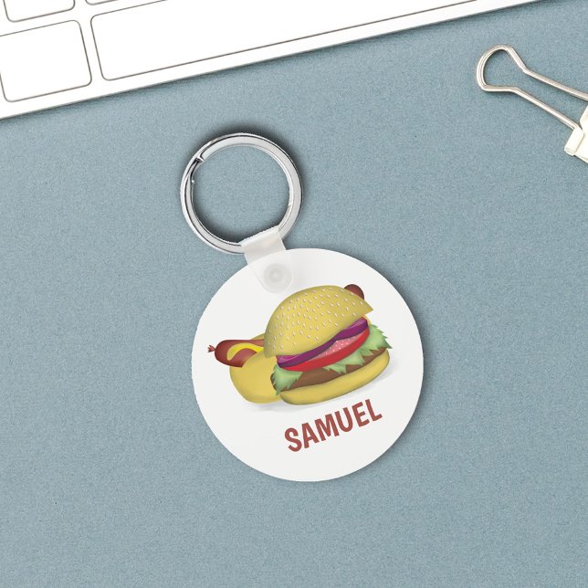 Modern Simple Hamburger Hotdog Cute Custom Keychain (Hamburger and hotdog custom keychain)