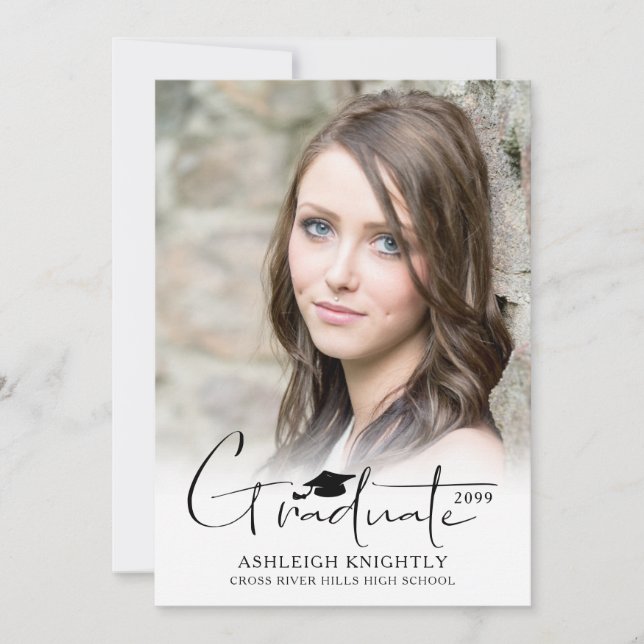 Modern Simple Hand Lettered Graduate Cap 2 Photos Announcement (Front)