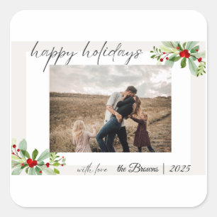 Modern Simple Happy Holidays Family Photo Card Square Sticker