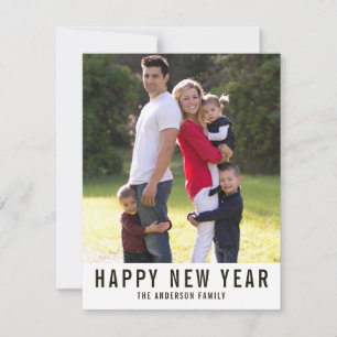 Modern Simple Happy New Year 4 Photo Gold Confetti Holiday Card