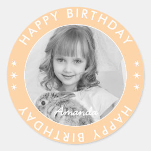 Modern Simple Kids Thanks Happy Birthday Photo Classic Round Sticker