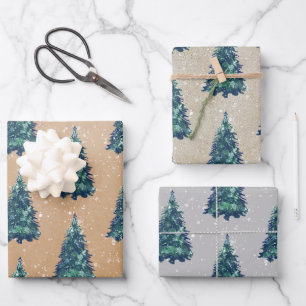 Modern Simple Kraft Snowy Green Christmas Trees Wrapping Paper Sheet