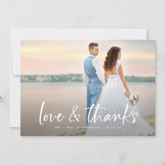 Modern Simple Love and Thanks 2 Photo Wedding Thank You Card (Front)