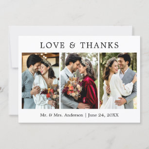 Modern Simple Love and Thanks Wedding 3 Photo Thank You Card