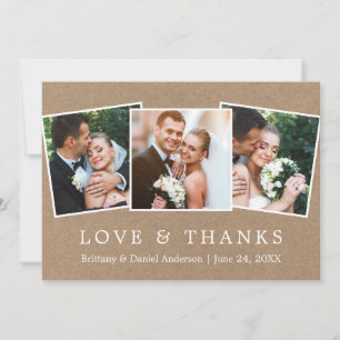 Modern Simple Love Thanks 3 Photo Wedding Kraft Thank You Card