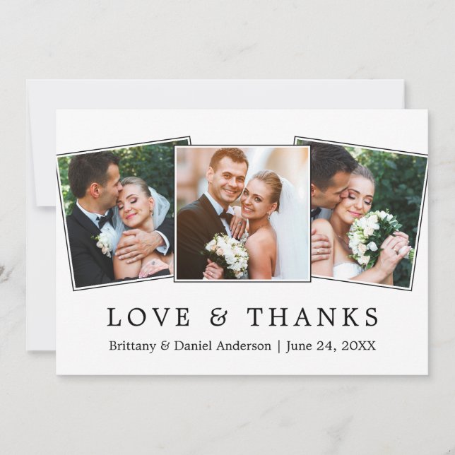 Modern Simple Love Thanks 3 Photo Wedding Thank You Card (Front)