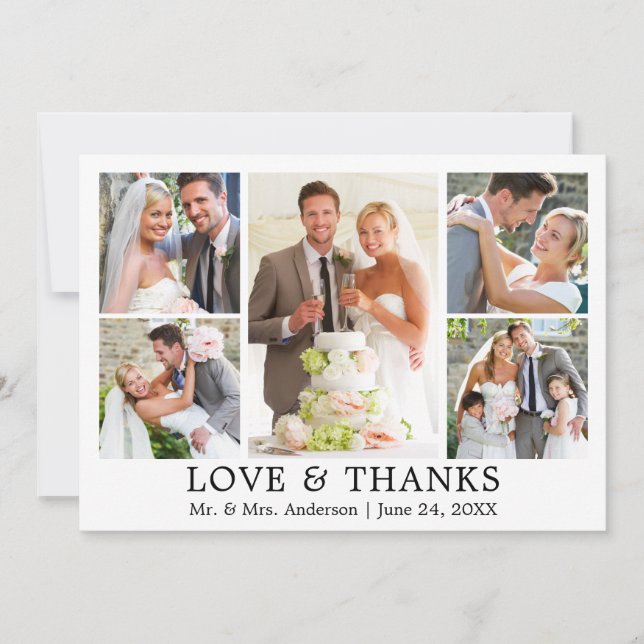 Modern Simple Love Thanks Wedding 5 Photo Thank You Card (Front)