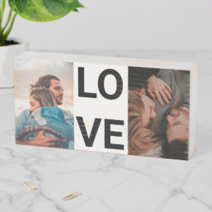 Modern simple love typography 2 photo grid collage wooden box sign