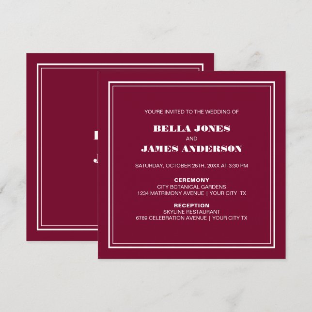 Modern Simple Magenta White Wedding Invitation (Front/Back)