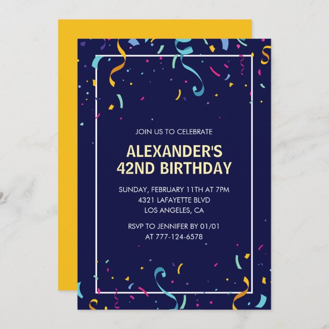 Modern Simple Men Confetti 42nd birthday Invitation (Front/Back)