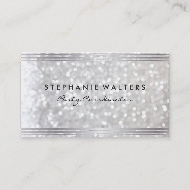 Modern Simple Metallic Silver and Glitter Business Card (Front)