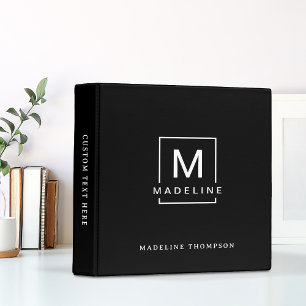 Modern Simple Minimal Black Square Border Monogram Binder