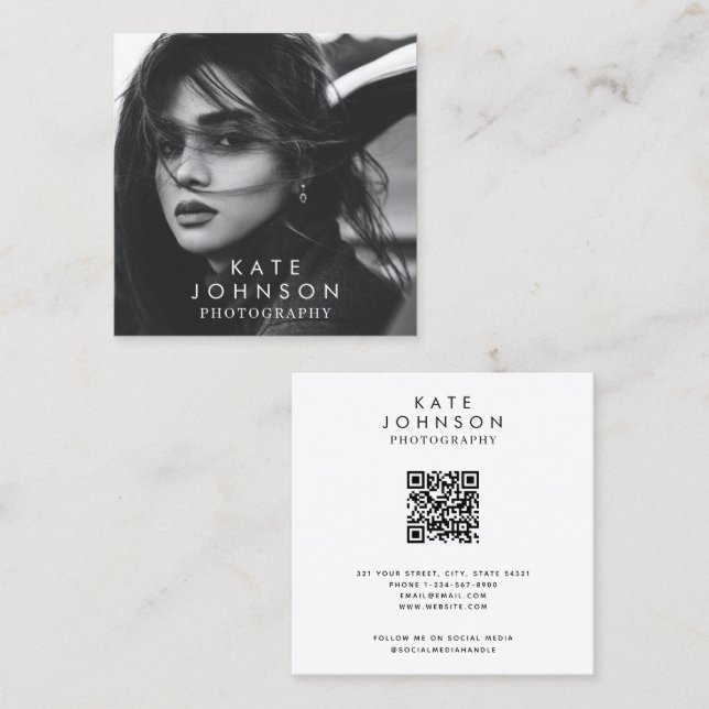 Modern Simple Minimal Photo QR Code Social Media  Square Business Card (Front/Back)