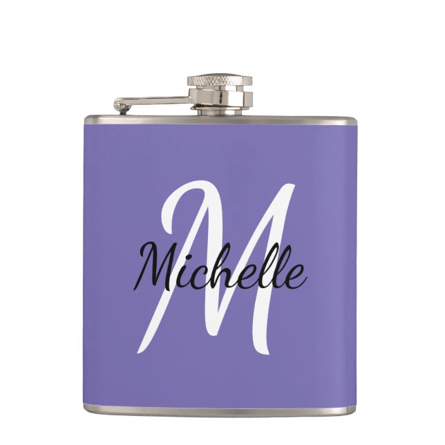 Modern Simple Minimal Purple Monogram Hip Flask (Front)