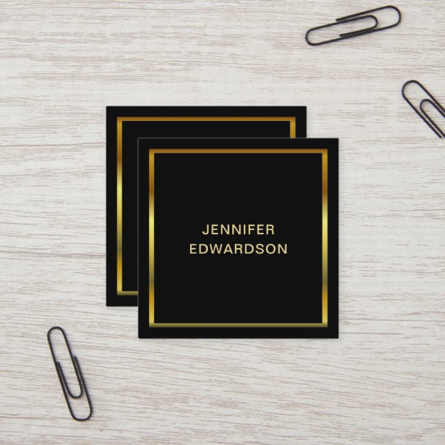 Modern simple minimalist black gold professional square business card (Front/Back In Situ)