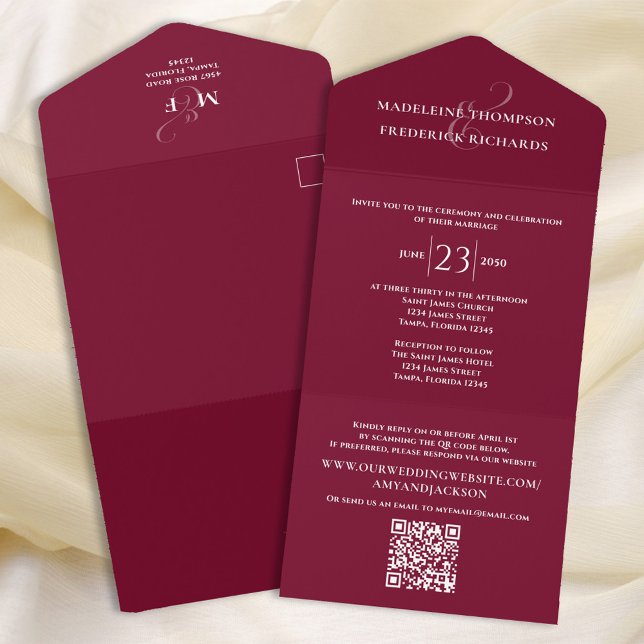 Modern Simple Minimalist Burgundy | QR Code RSVP All In One Invitation (Creator Uploaded)
