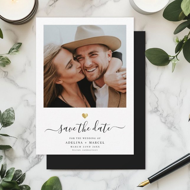 Modern Simple Minimalist Gold Heart Script Save The Date (Creator Uploaded)