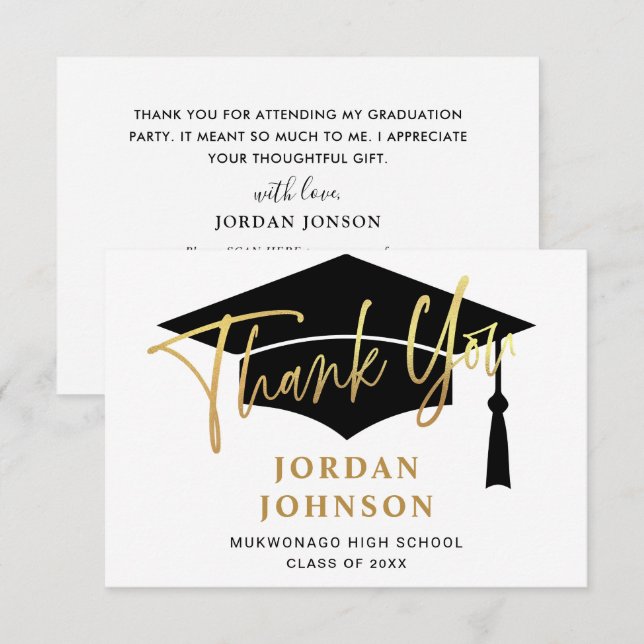 Modern Simple Minimalist Golden Black Graduation Thank You Card (Front/Back)