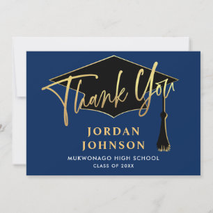 Modern Simple Minimalist Golden Navy Graduation  Thank You Card