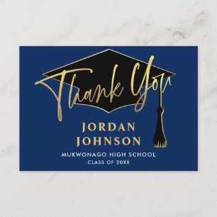 Modern Simple Minimalist Golden Navy Graduation Thank You Card