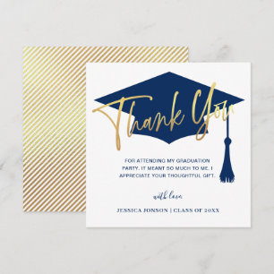 Modern Simple Minimalist Golden Navy Graduation  Thank You Card