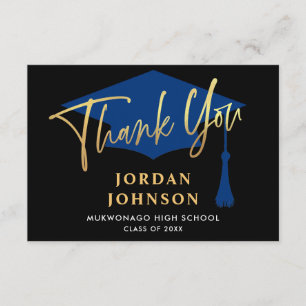 Modern Simple Minimalist Golden Navy Graduation  Thank You Card