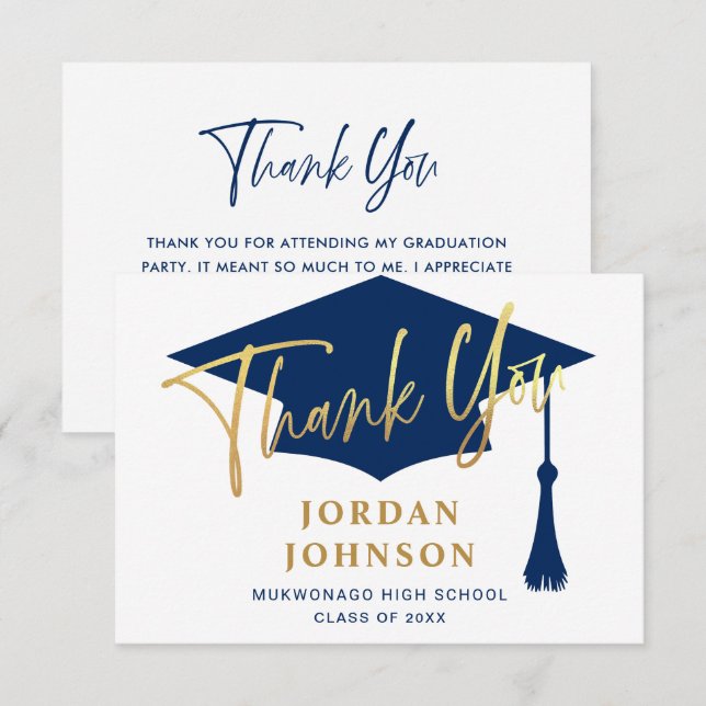 Modern Simple Minimalist Golden Navy Graduation  Thank You Card (Front/Back)