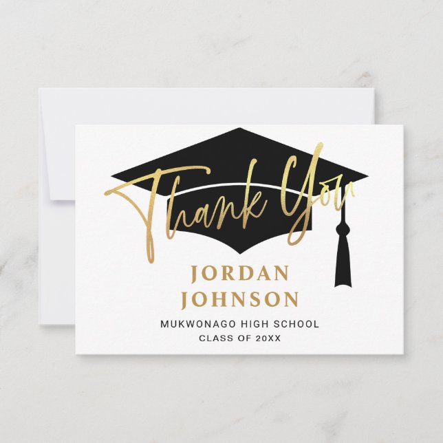 Modern Simple Minimalist Golden Navy Graduation  Thank You Card (Front)
